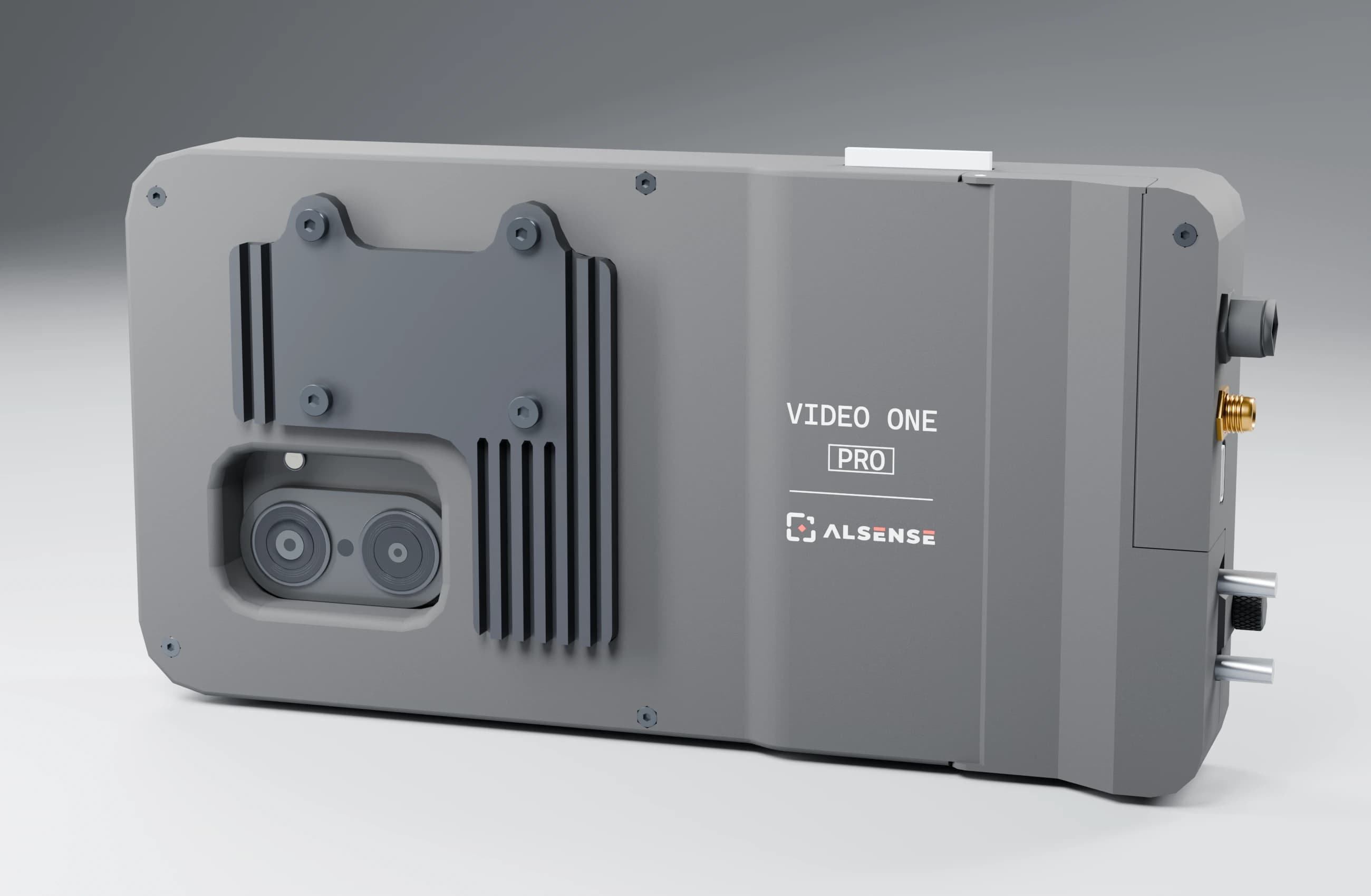 Rear three-quarter view: cooling plate, cameras and connectors