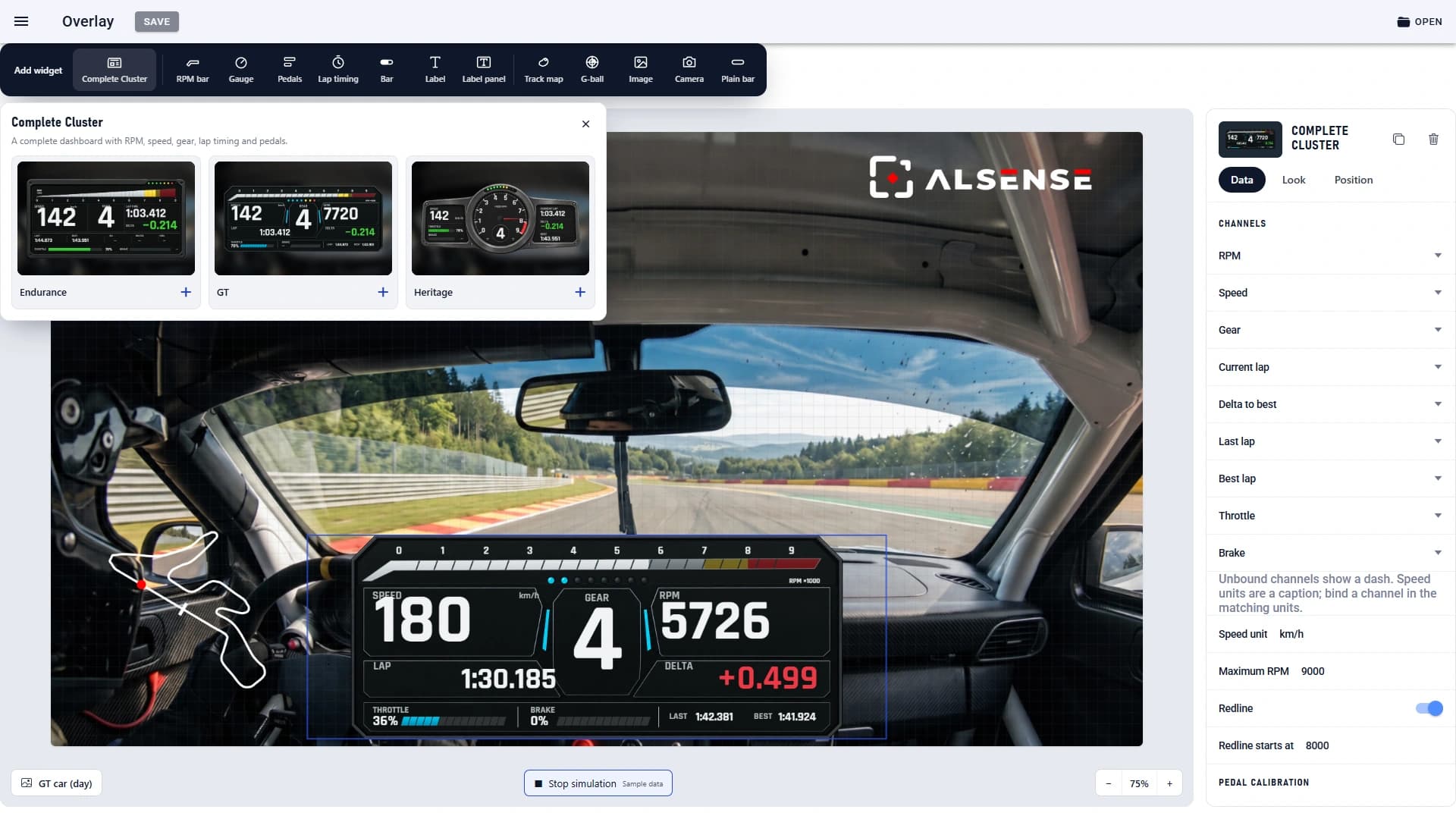 Video One Paddock overlay editor simulation with integrated GT cluster, sample data, track map and Alsense logo